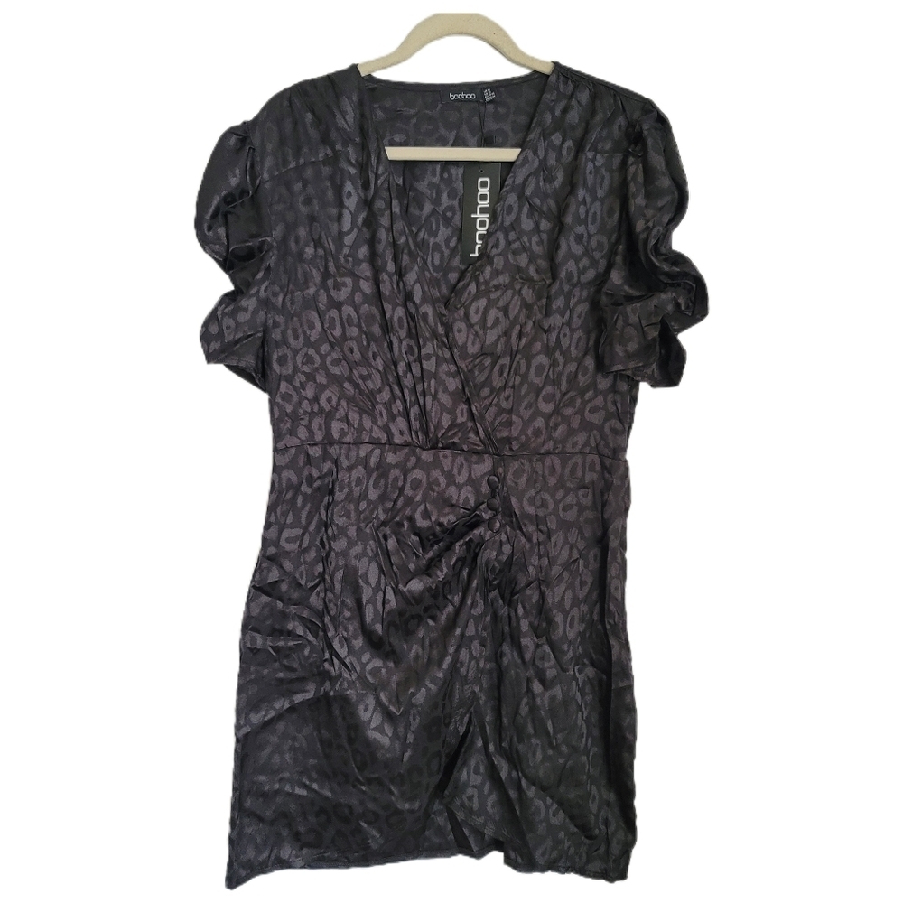 Boohoo Dress Womens Size 10 Black Leopard Jaquard Mini Puff Sleeve